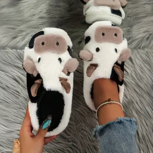 Cartoon Cow Cotton Slippers, Cute Cozy Fuzzy Animal Slippers, Winter Indoor Outdoor Slippers for Women