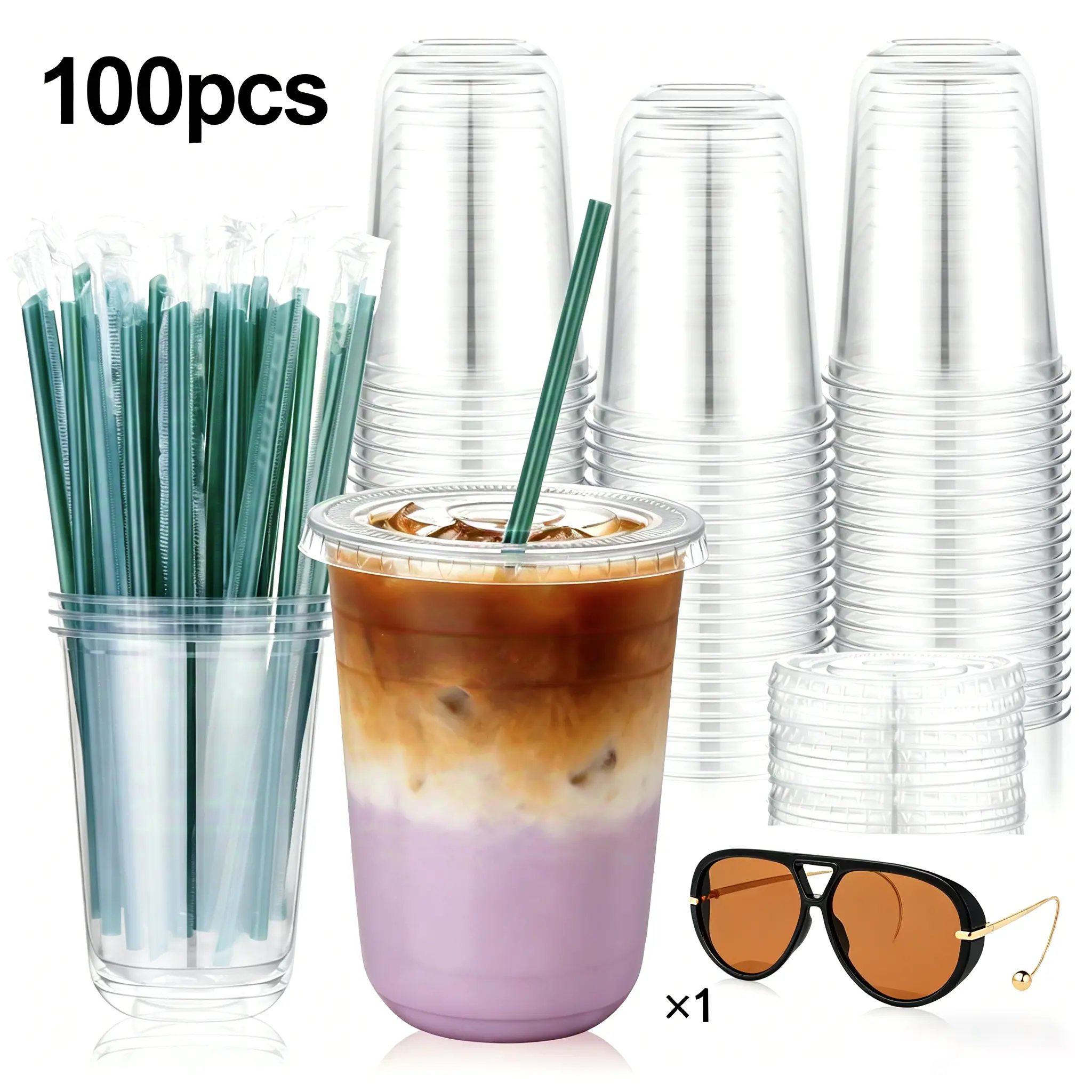 TO GO CUPS Buy 100Sets 16oz Plastic Cups with Lids and Straws Get One Pair of Plastic Complimentary Glasses,Clear Disposable Iced Coffee Cups for Cold Drinks Juice Milkshakes Smoothies, Plastic To Go Drinking Cup for Party Coffee Bars Picnic