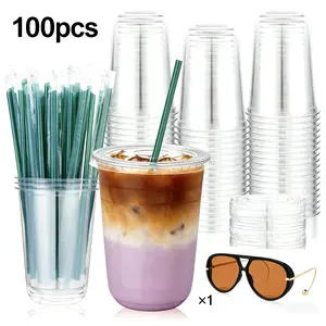 TO GO CUPS Buy 100Sets 16oz Plastic Cups with Lids and Straws Get One Pair of Plastic Complimentary Glasses,Clear Disposable Iced Coffee Cups for Cold Drinks Juice Milkshakes Smoothies, Plastic To Go Drinking Cup for Party Coffee Bars Picnic
