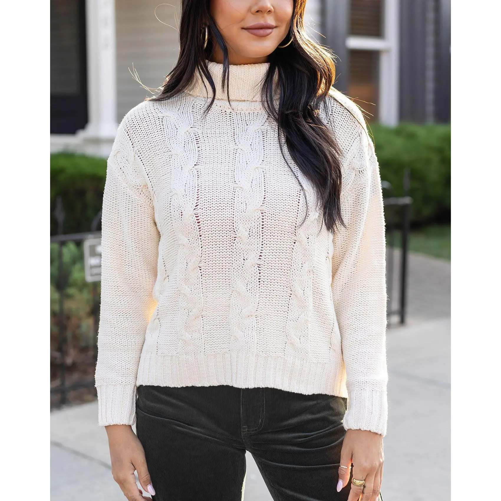 High Neck Ivory Cable Knit Sweater