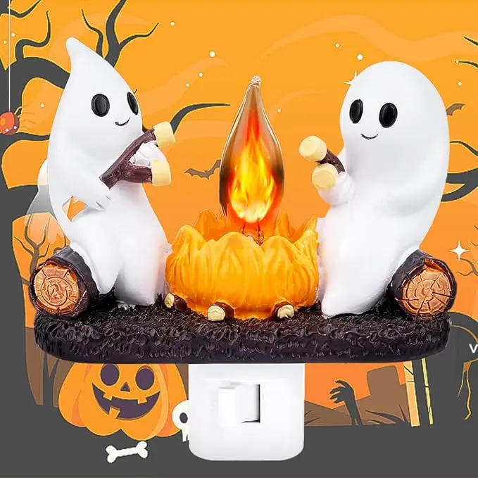 Ghost Campfire Night Light, Plug-in Wall Flickering Flame Nightlight, Halloween 3D Cute Spooky Marshmallow Ghost Decoration for Bedroom, Spooky Season Home Halloween Decor for Kids Adults