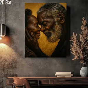 2D Flat, 1pc Elderly Couple Portrait Canvas Painting - Warm Brown & Golden Tones - Modern Retro African American Family Wall Decor - Wrapped Canvas Framed Poster for Living Room, Bedroom, Office - Ready-to-Hang Elderly Love Artwork - Housewarming Wed