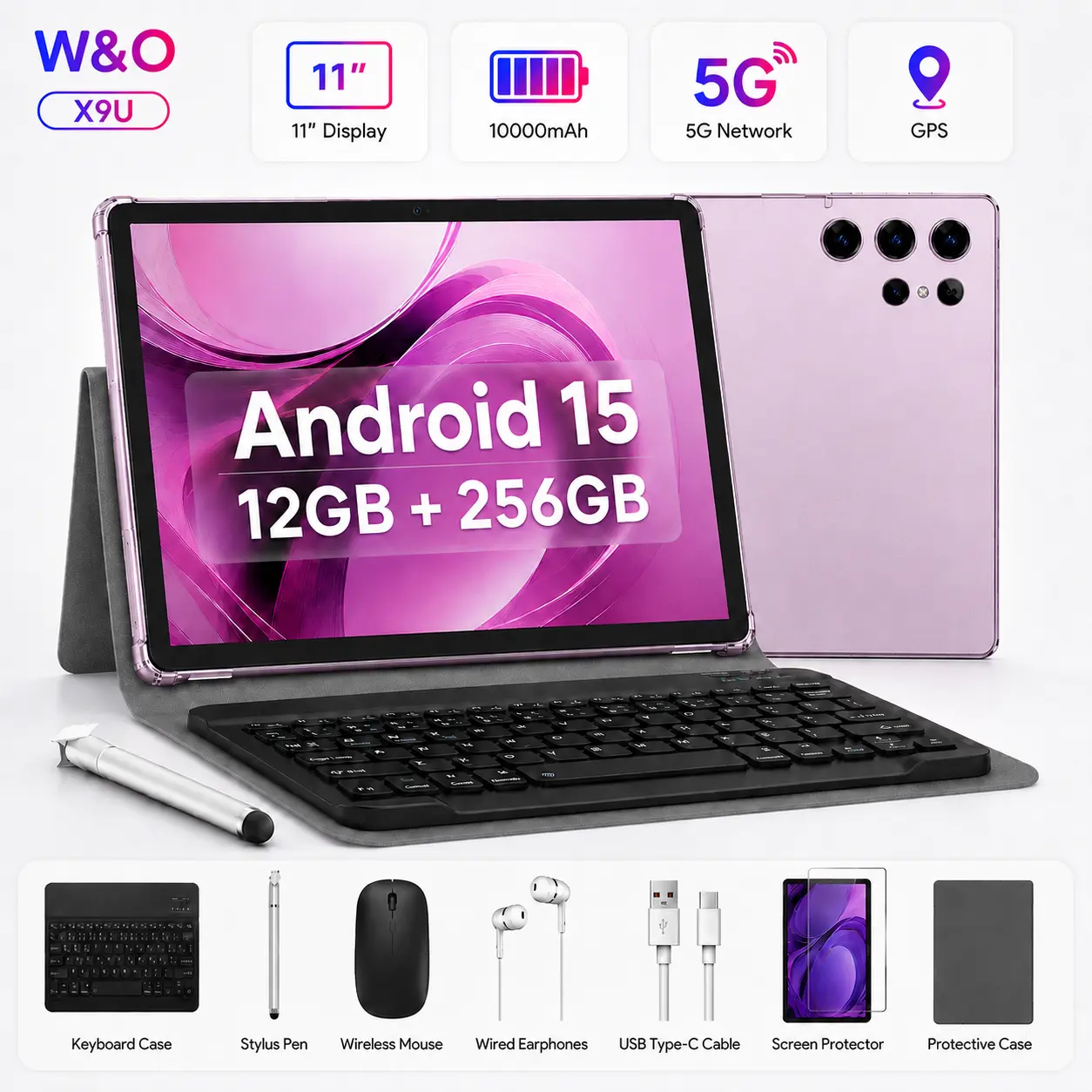 【tiktokshopbacktoschool】W&O 2026 Android 15 Tablet, 11" Display, 12GB RAM+256GB Storage, 10000mAh Battery, 5G WiFi, GPS, Keyboard, Mouse, Stylus & Case Bundle, Ideal for School, Work & Entertainment