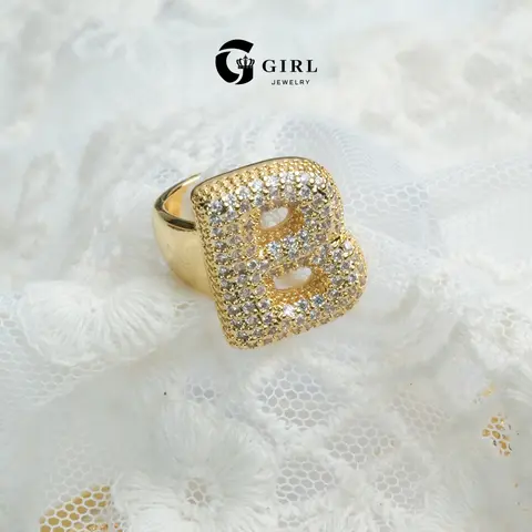 GGIRL Chunky Golden Initial Ring A-Z - Unisex Adjustable Band, Bubble Letter Alphabet with Inlaid Zircon, Highly Polished, Lead/Nickel/Cadmium-Free, Everyday Wear Gift for Men & Women