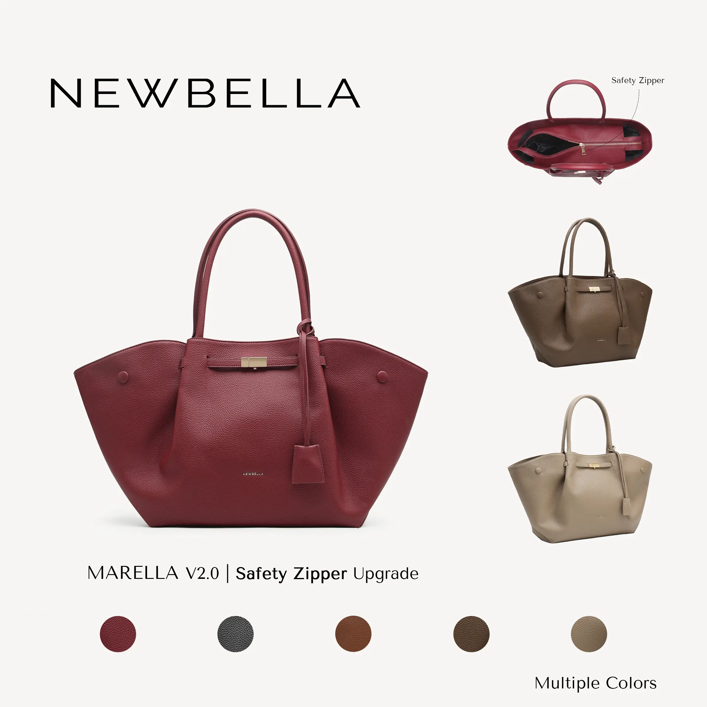 [New Arrival] NEWBELLA Marella M V2.0 Safety Zipper PU Leather Tote Bag, Collapsible with Luggage Sleeve for Work and Travel,outdoorfun,Fall Bag Gift for Women,Black Friday,Friendsgiving,Christmas Gift