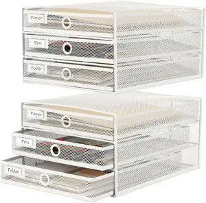 2 count Desk Organizer with Drawer Total 6 Tiers, Wire Mesh Organizers Tray Multifunctional Paper Sorter File Stand for  Office Supplies Storage Letter A4 Paper Office Accessories(White)