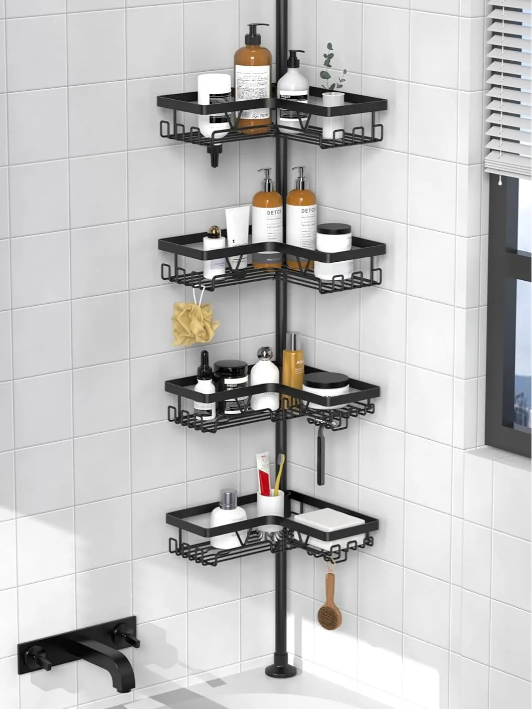 Stainless Steel Adjustable Shower Tension Rod Caddy - 4-Shelf Metal Bathroom Organizer, Floor-to-Ceiling Bath Accessories for 25-116.5 in Heights, Rust-Resistant