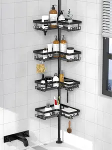 Adjustable Stainless Steel Shower Tension Rod Organiser, Rust-Resistant Bathroom Shelving Unit with 4 Shelves, Suitable for 25-116.5 In Floor-to-Ceiling Heights