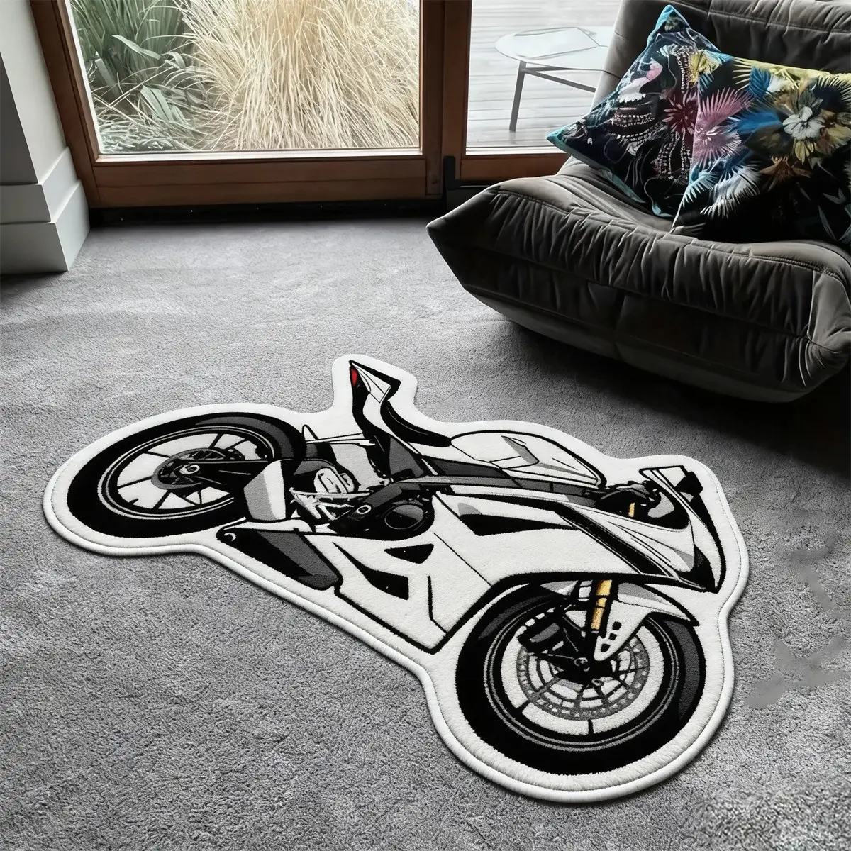 Fashion Vintage Motorcycle Rug, Creative Home Decoration Mat, Soft Comfortable Plush Foot Pad, Suitable for Living Room Bedroom Closet Casual Area, Decorative Rug, Home Decorative Rugs, Decorative Fluffy Rug