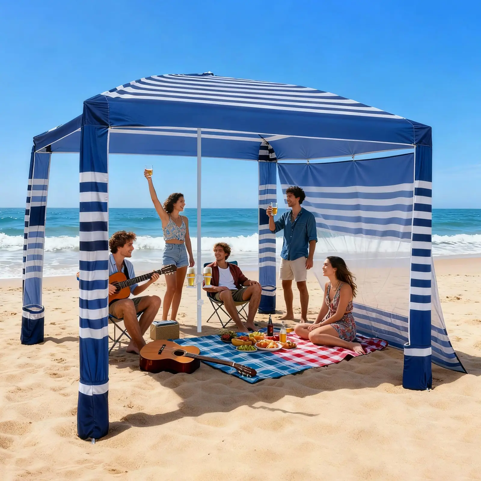 【summerfinds】VEVOR Beach Tent Cabana, 8x8 ft Family Sun Shelter in Navy Stripes with Side Wall, UPF 50+ Protection, Easy Install, Adjustable Height, Lightweight & Portable