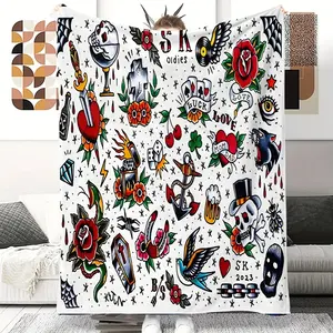 Vintage Skeleton Rose Flannel Throw Blanket – Soft Gothic Blanket for Sofa Couch Bed, Biker Style Decor