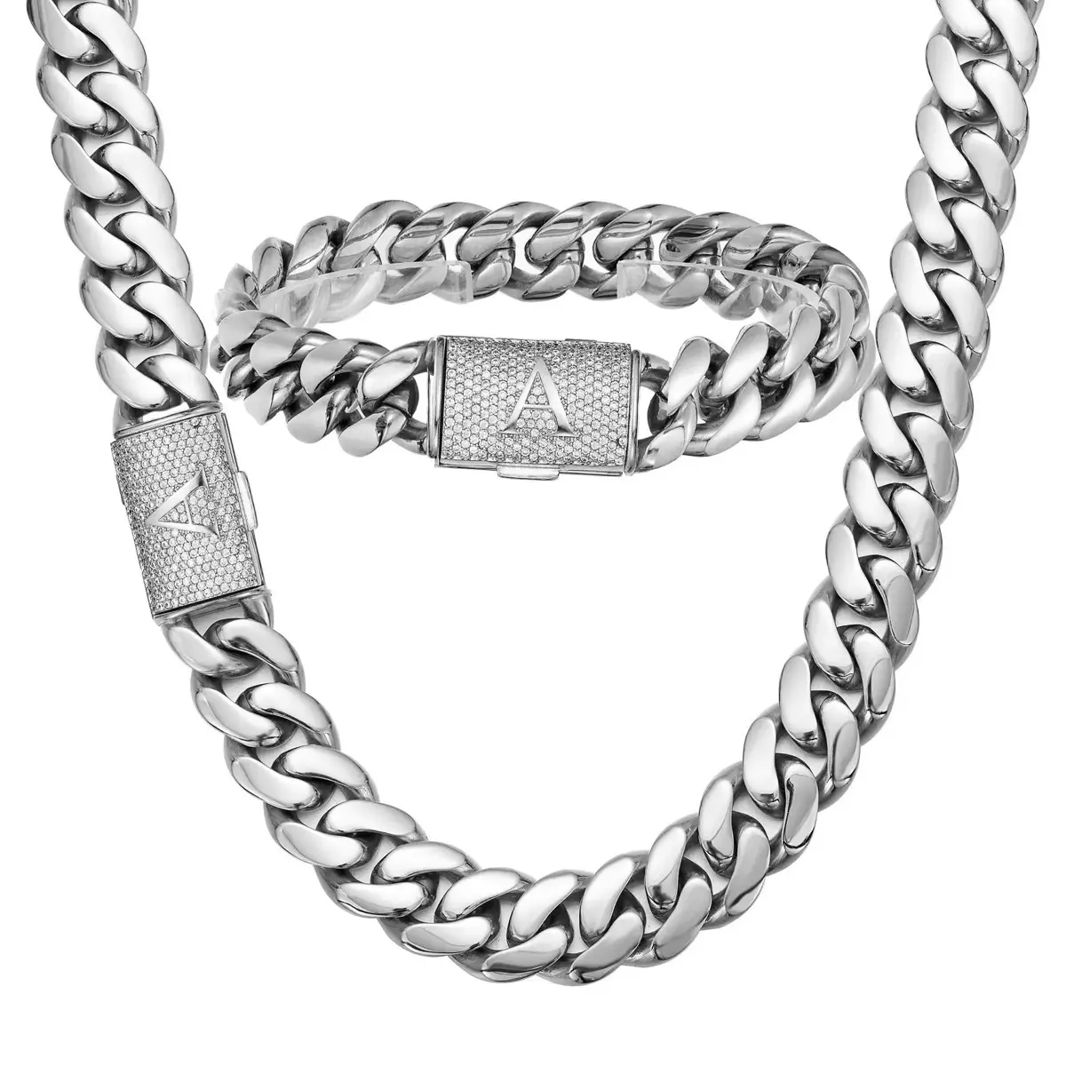 Miami Cuban Link Chain Set, Unisex 14mm Stainless Steel Necklace & Bracelet with Personalized Initial Letter Clasp, Casual and Waterproof, Waterproof Jewelry Sets