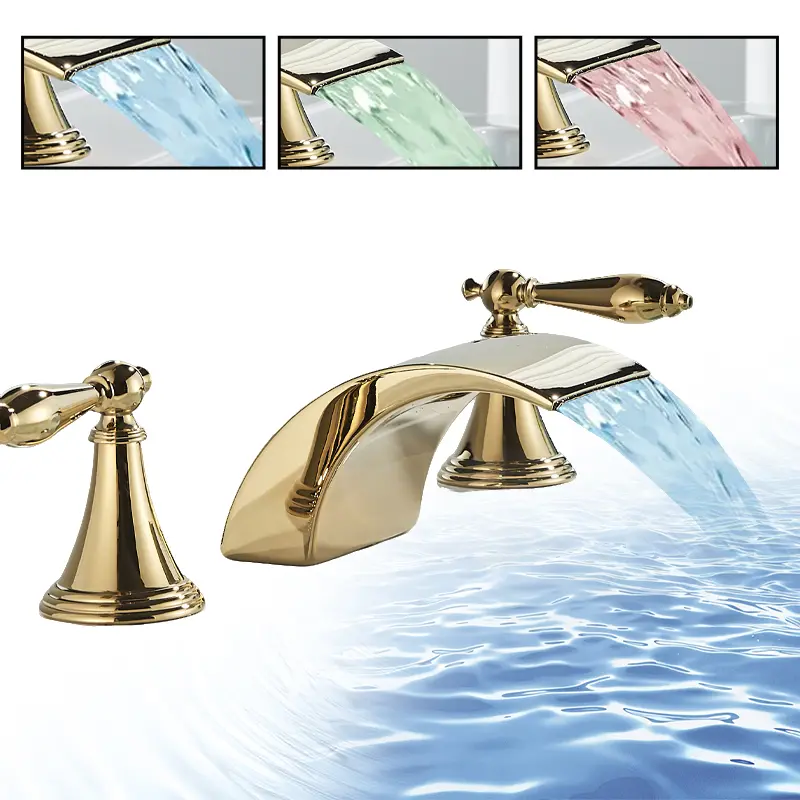 Modern LED 3-Color Changing Waterfall Bathroom Basin Faucet - 8 in Widespread 3-Hole Vanity Mixer, Dual Handles Faucet, 16 in Supply Hoses Included, Golden Option Available, Two Handles Faucet