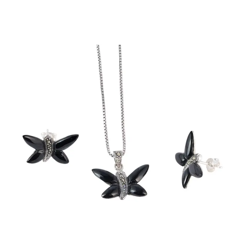 925 Sterling Silver Marcasite Black Butterfly Jewelry Set – Necklace 16” 18” 20” (1mm Box Chain) + Earrings, Adults