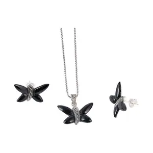 925 Sterling Silver Marcasite Black Butterfly Jewelry Set – Necklace 16” 18” 20” (1mm Box Chain) + Earrings