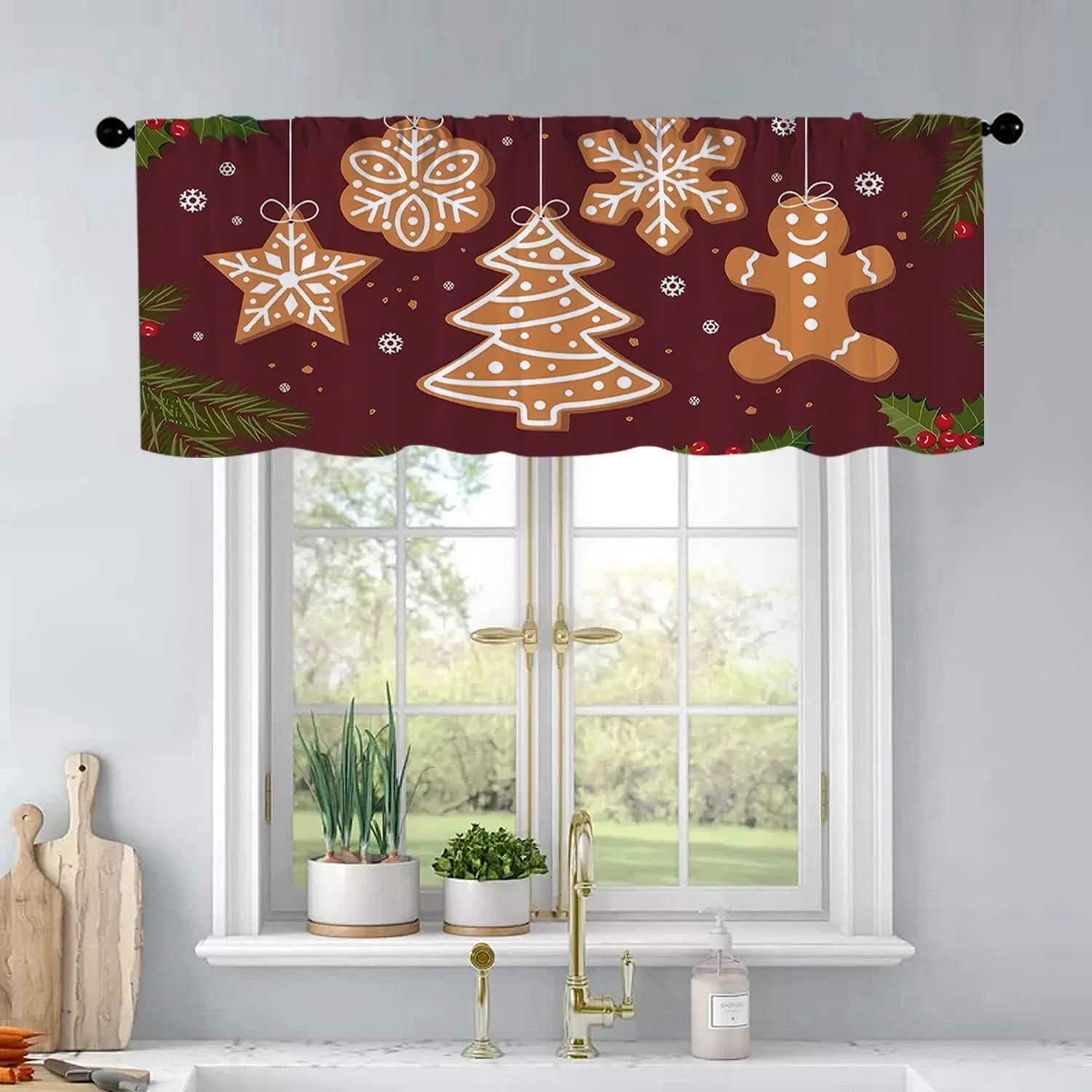 1pc Christmas and New Year printed kitchen curtains Hanging garland of Christmas gingerbread curtains valance window treatment living room bedroom home decor 54 x 18 inch