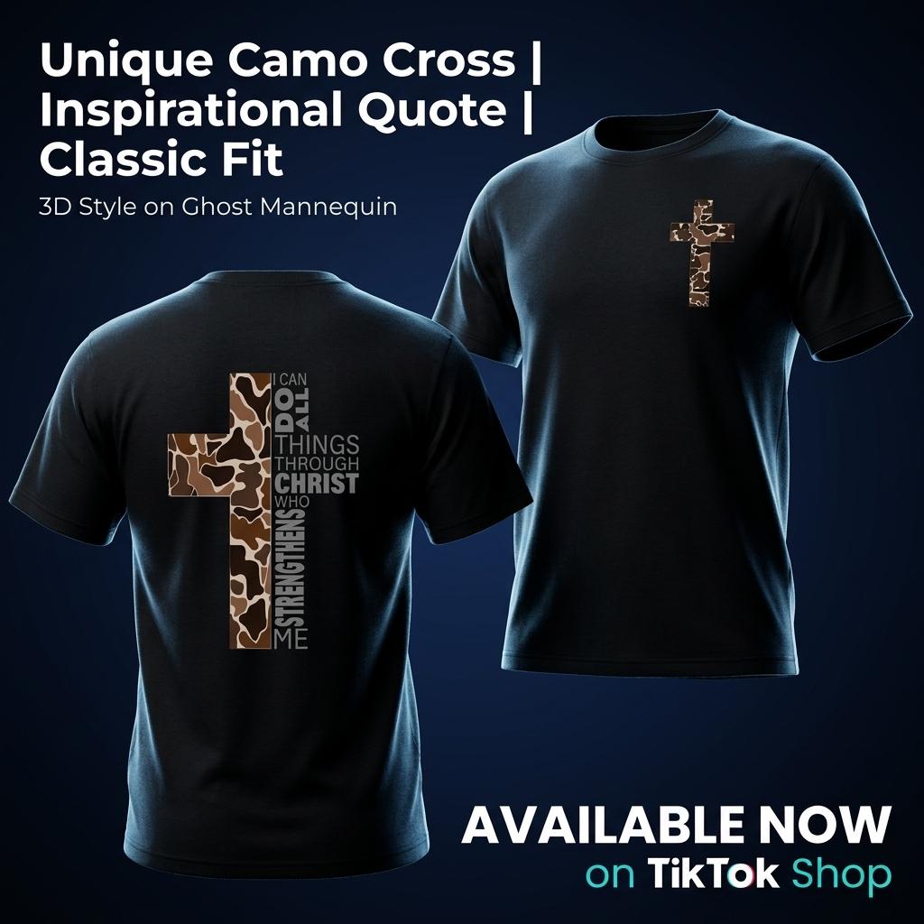 Christian T-Shirt, Camo Cross Design With Philippians 4:13 Verse, Perfect For Faithful Believers And Outdoorsmen Sports T-shirt, regular fit, casual and stylish T-shirt, suitable for everyday wear, a men's top suitable for all seasons.