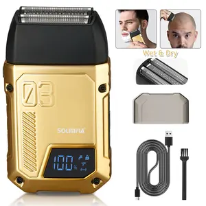 Electric Beard Shaver Razor Cordless Wet/Dry USB Blade Head Shaver Razor Reciprocating 4D Foil Shaver Razor LED Display Hair Trimmer Clipper Strong Motor Water Proof Brush Gold Gift