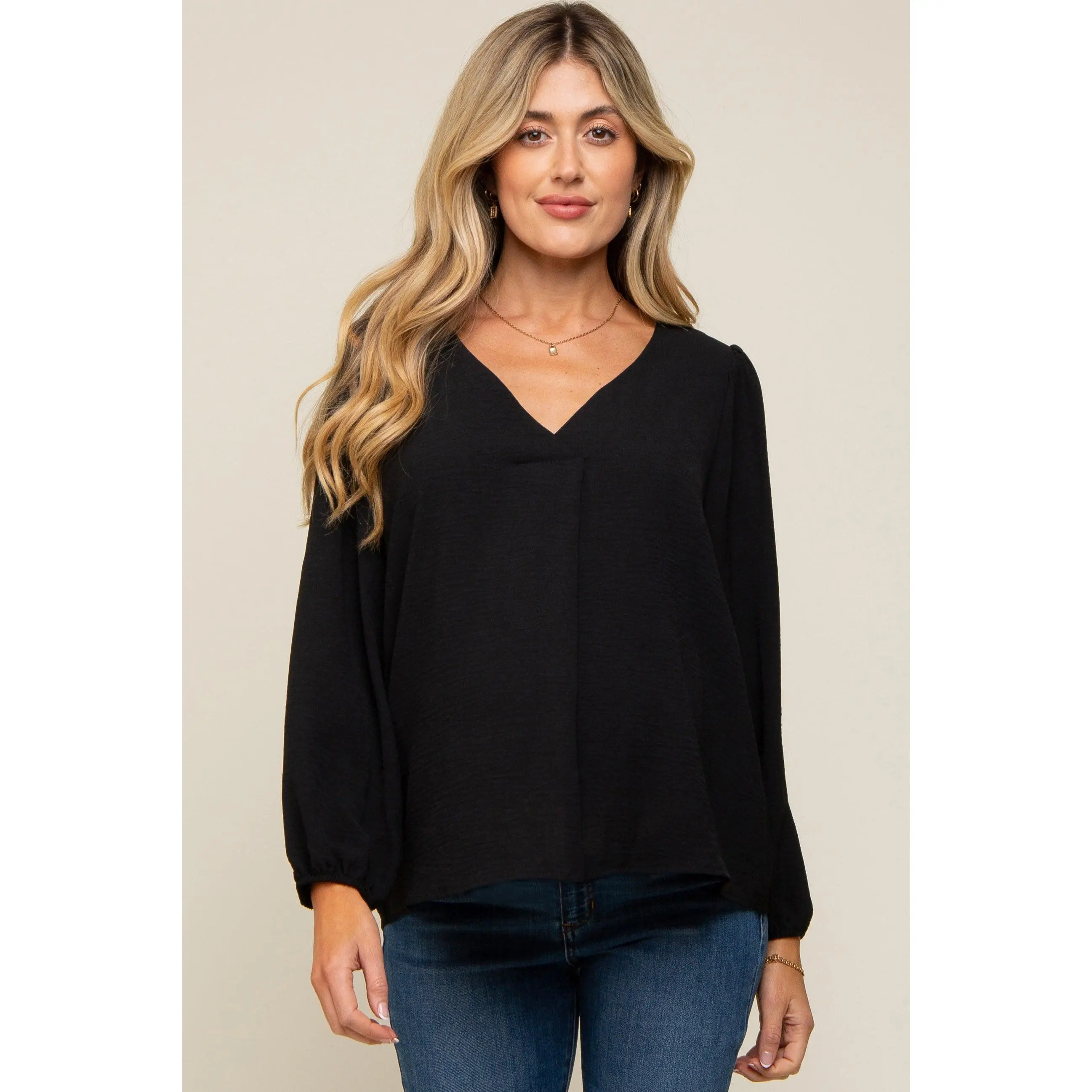 Maternity Blouse, Women's Solid V-Neck Top with Long Puff Sleeves for Casual Everyday Pregnancy Wear, Long Sleeve