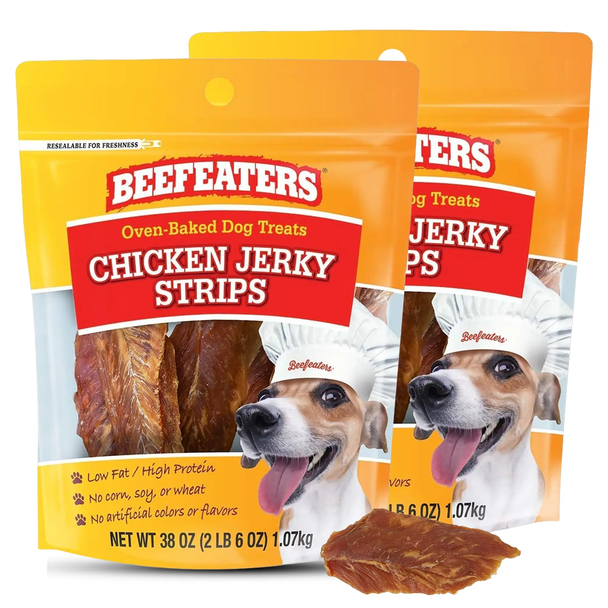 Beefeaters Chicken Jerky Strips for Dogs 38oz (Pack of 2), 100% Real Chicken Breast, Oven-Baked, Grain-Free Dog Treats for Training & Rewards, High Protein, Low Fat, Resealable Bag, Allergy-Friendly