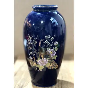 Vintage Japanese Cobalt Blue Porcelain Vase - Unique Antique Japanese Vase Blue Gold Trim Peacock Flowers