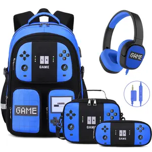 Similove Gamer Backpack for Boys, 3PCS Boys Backpack with Lunch Box & Pencil Pouch, Waterproof School Bags for Boy Kids Children Teens, Elementary Middle School, Kids Book Bag Casual Daypack (Blue)