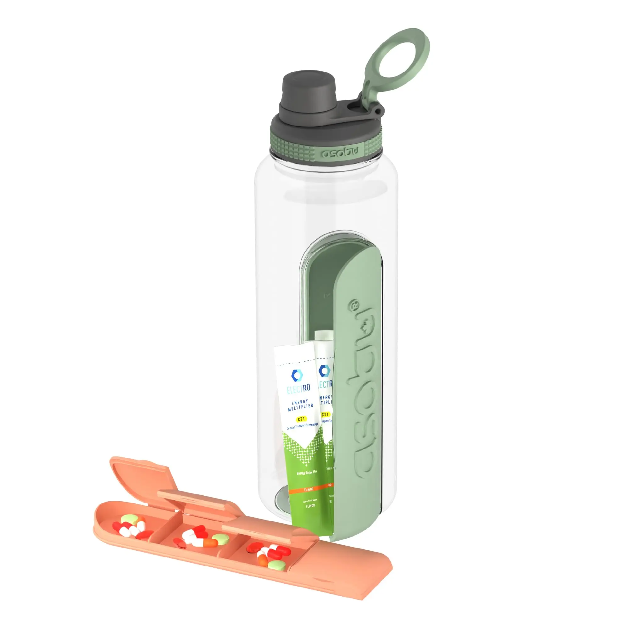 asobu Electrolyte Large Sports Water Bottle with Interchangeable Packet and Pill Storage Compartments Durable Tritan 40oz (Basil Green)