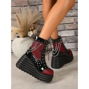 Women's Punk Style Chain Decor Platform Boots, Fashionable Y2K Style Thick Sole Boots for Daily Wear, Female All-match Trendy Shoes for Daily Wear