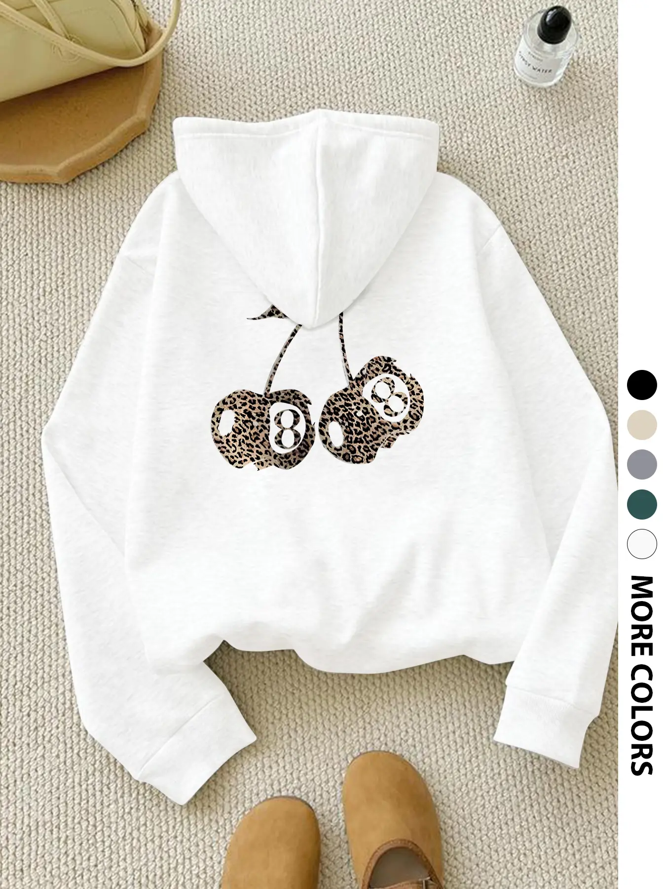 Women's Dropped Shoulder Long Sleeve Hoodie, Leopard Cherry Print, Fashion Casual Drawstring Pocket Sweatshirt, Fall & Winter, Drop Shoulder Hooded