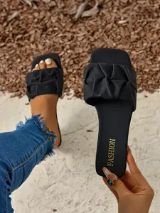Women's Square Toe Sandals, PU Leather Sandals, Summer New Soft Sole Folded One-Strap Slippers, Casual Outdoor Footwear, Comfortable and Stylish