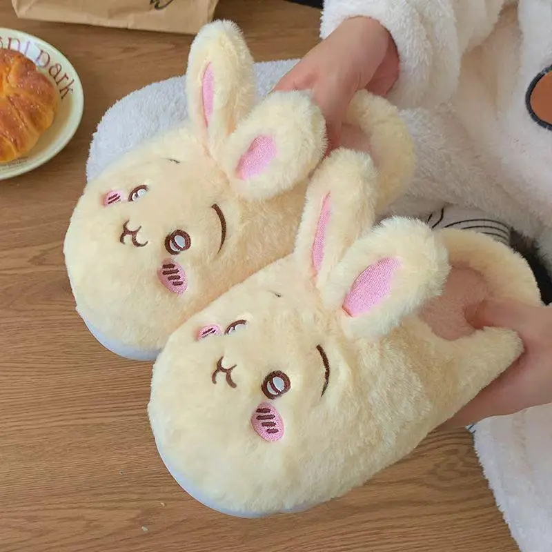 Women Girls' Anime Chiikawa Usagi Thickened Warm Cotton Plush Slip-On Slippers, Winter Kawaii Cute Anti-Slip Sole Home Slide Shoes, Home Supplies Gift, Single Pair