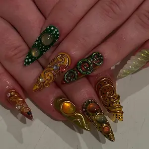 Alice WonderNails – Colorful 3D Texture Press On Nails by AuritaNail, Funky Eye Art Design with Gold Accents, Color Pop Nail Set – AW160
