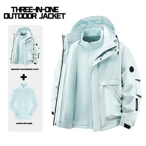 Men's Winter Lake Blue 3-in-1 Outdoor Jacket, Windproof Waterproof + Warm Fleece Lining Detachable Two-piece Coat