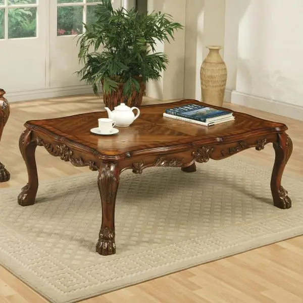 Indoor Living Room Wood Veneer Coffee Table - Traditional Dark Cherry Finish, Rectangular, 48x24x18", Ornate Details, Claw Feet, Requires Setup, Assembly Needed Furniture