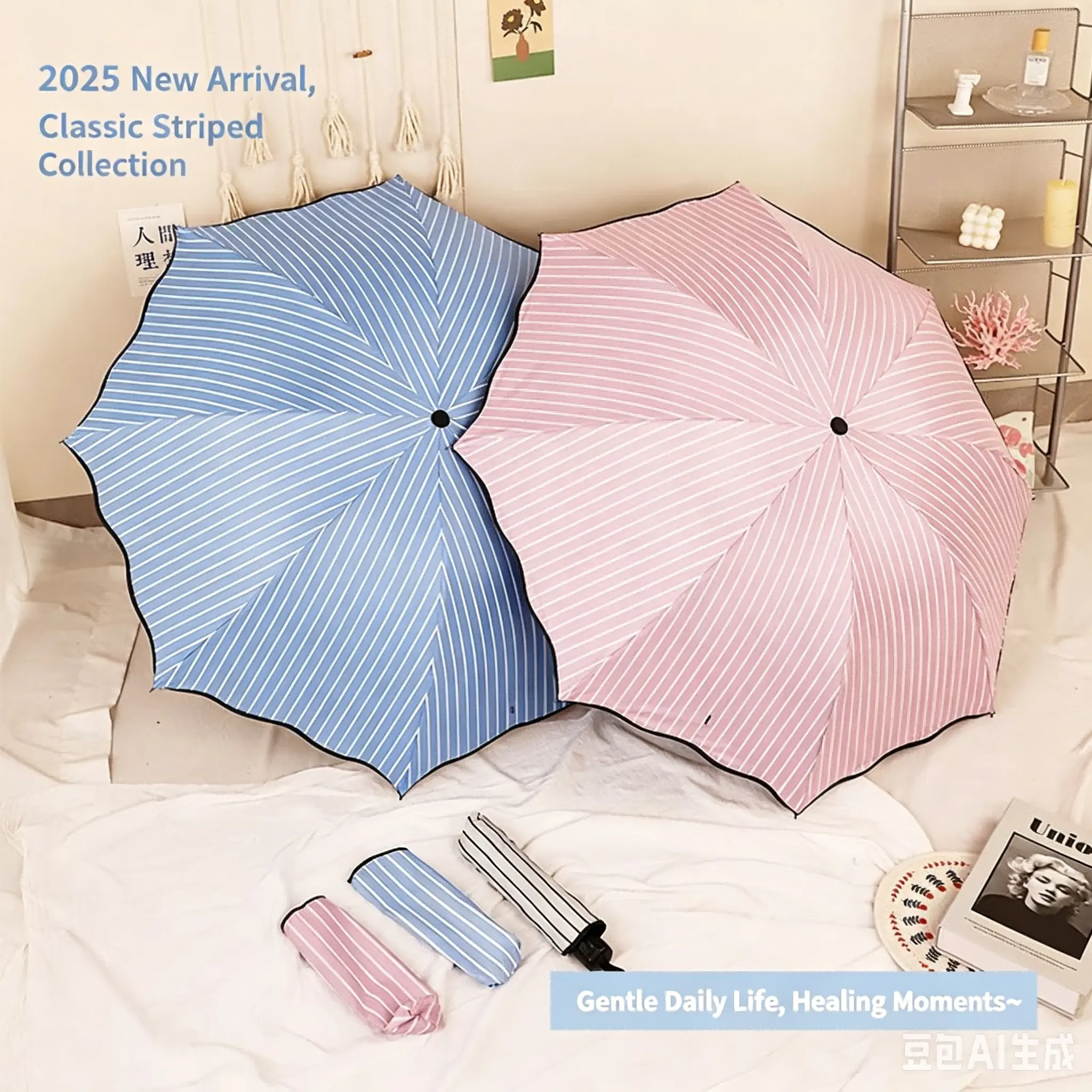 Macaron Pink & Blue Simple Striped Umbrella, Ins Gentle Style 3-Fold Black Coating Sun Umbrella, Dual-Use Portable Rain & Sun Parasol for Students