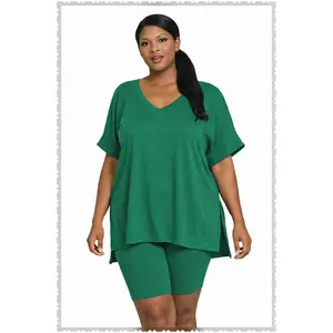 PLUS SIZE 2-PIECE V-NECK CHILL SHORT SET-KELLY GREEN-33