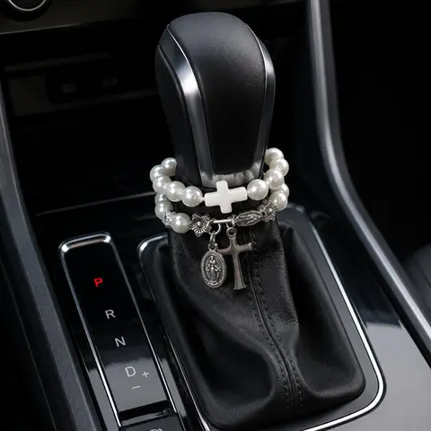 Vintage Cross Imitation Pearl Car Gear Shift Bead, Silver Color Madonna Pendant Dashboard Decor, Elegant Car Interior Accessory, Car Interior Decorative, Car Interior Decoration, Car Decorations