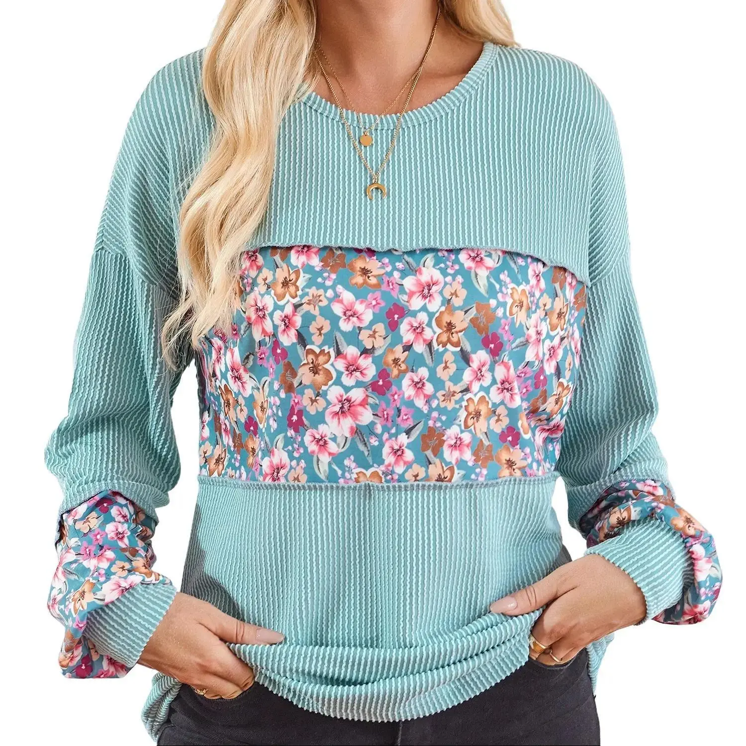 Women Long Sleeve Raised Rib Floral Top S-3X Women Long Sleeve Raised Rib Floral Top S-3X
