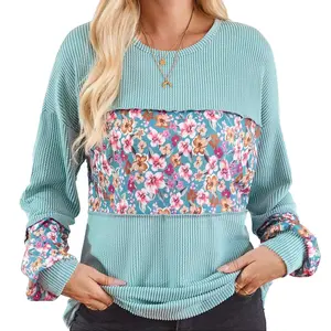 Women Long Sleeve Raised Rib Floral Top S-3X Women Long Sleeve Raised Rib Floral Top S-3X