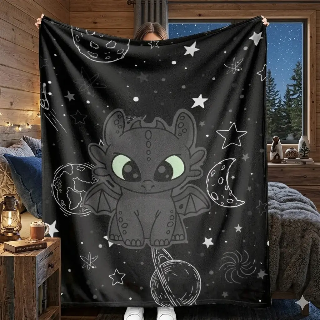 Toothless Night Fury Dragon Flannel Throw Blanket, Kawaii Cosmic Star Print, Ultra Soft Cozy Warm, Animal Character-Cartoon-Character Graphic-Celestial Goth Blankets, Kids-Adults Sofa Bed Gift, Teen Room Decor, Animal Character Blankets