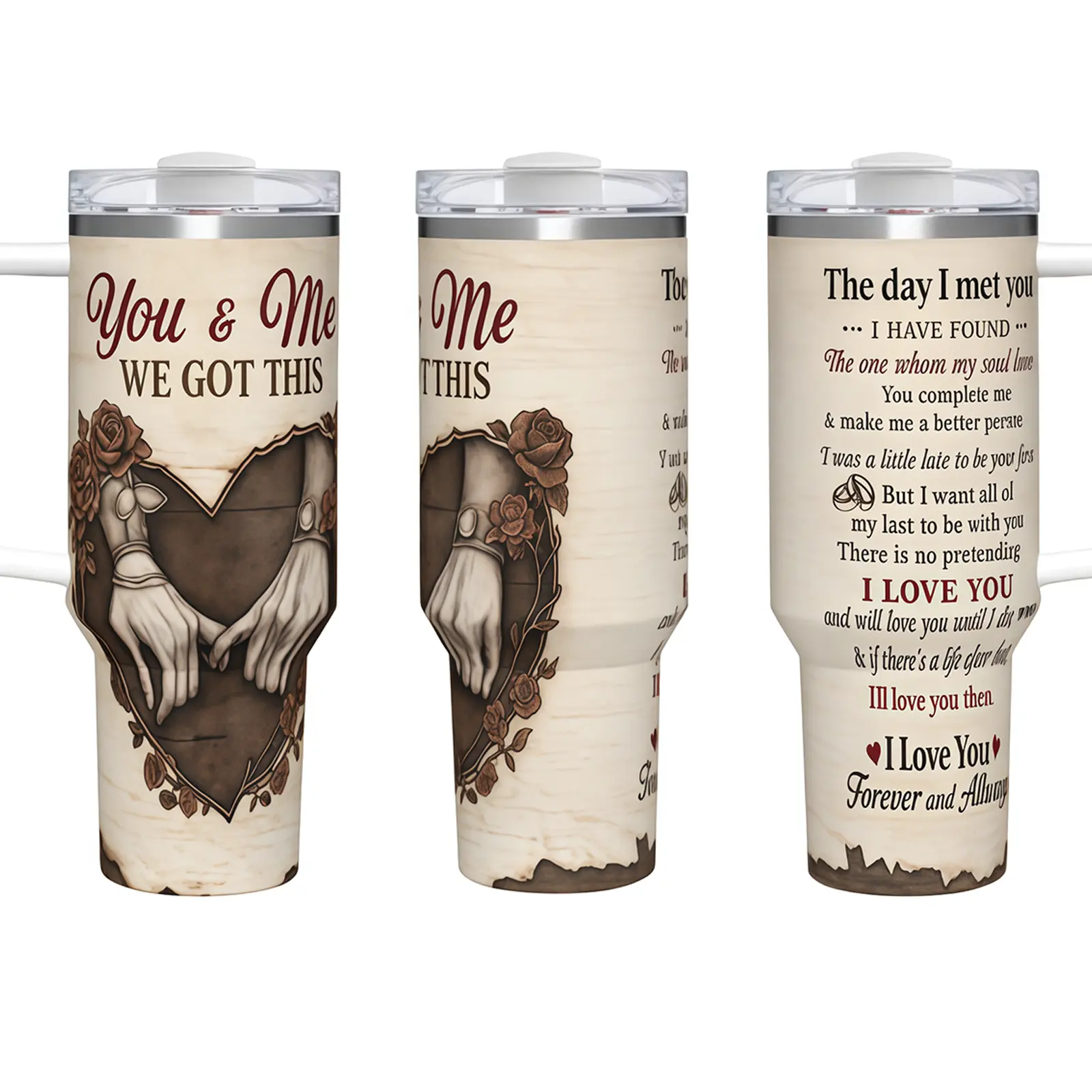 You and Me 40oz Insulated Tumbler with Handle, Romantic Holding Hands Rose Heart Stainless Steel Cup, Anniversary Valentine Wedding Gift for Couple