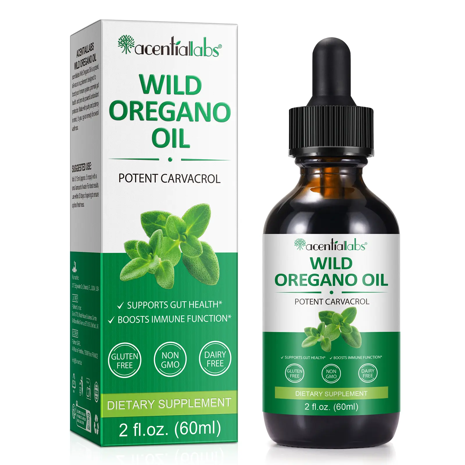 Acentiallabs Wild Oregano Oil 70% Carvacrol - High Potency Liquid Supplement with Extra Virgin Olive Oil for Immune Support & Gut Health*, Non-GMO, Gluten-Free, 60mL (393 Servings)