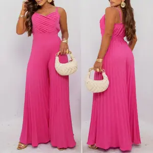 ChicMe Women's Pleated V Neck Spaghetti Strap Valentine's Day Waist Jumpsuit Casual Wide Leg Flared Romper for Wedding & Wedding Guest