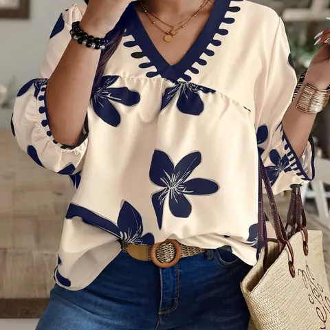 Floral V-Neck Blouse, Women's Plus Size Casual 3/4 Sleeve Loose Fit Top, Silky Breathable Fabric, Y2K Aesthetic Summer Outfits with Scallop Trim, Bohemian Shirts for Vacation and Daily Party Wear, Boho Style Shirt