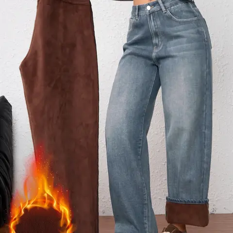 Women's Vintage Fleece-Lined Thickened Fall Winter Wide Leg Jeans, Elegant Comfortable Casual Trendy Straight Washed Denim Pants, Casual Fashion Jeans