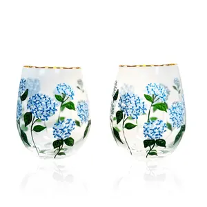 Painted Blue Hydrangea Stemless Wine Glasses