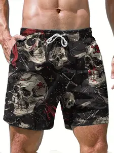 Men's Skull Pattern Beach Pants, Quick-Dry Swim Trunks, Summer Outdoor Casual Shorts, Sporty Beach Gear, Slim-Fitting, Above the Knee, Swimwear Shorts