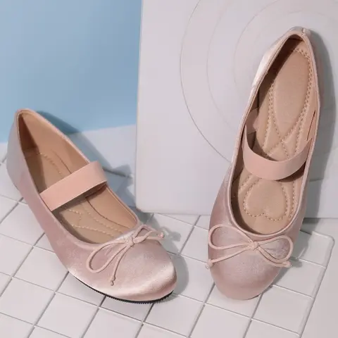 Women Satin Soft Non‑Slip Balletcore Ballerina Flats Mary Jane Flats, Summer Daily Dating Vacation Footwear, Elastic Ankle Strap Cute Bow Decor Large‑Size Friendly Slip‑on Flat Shoes