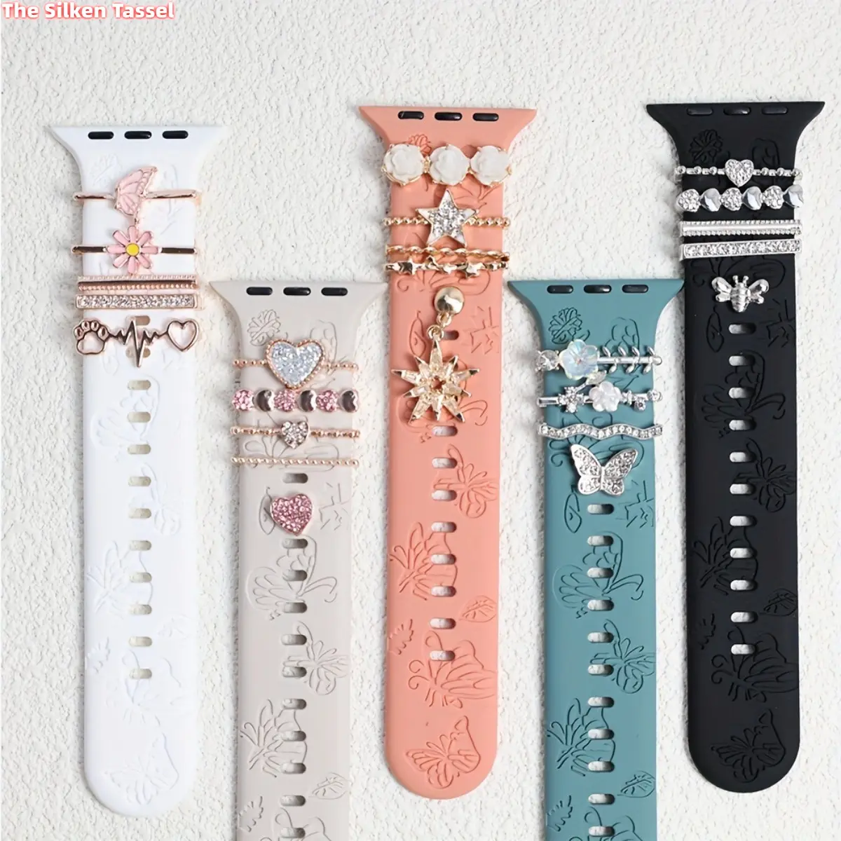 Butterfly Engraved Silicone Watch Band with Decorative Rings, Sport Bracelet Style, Comfortable for Daily and Athletic Use, Compatible with All Apple Watch Series and Sizes, Only Watch Band Included tiktokshopbacktoschool, Accessories, Wearable