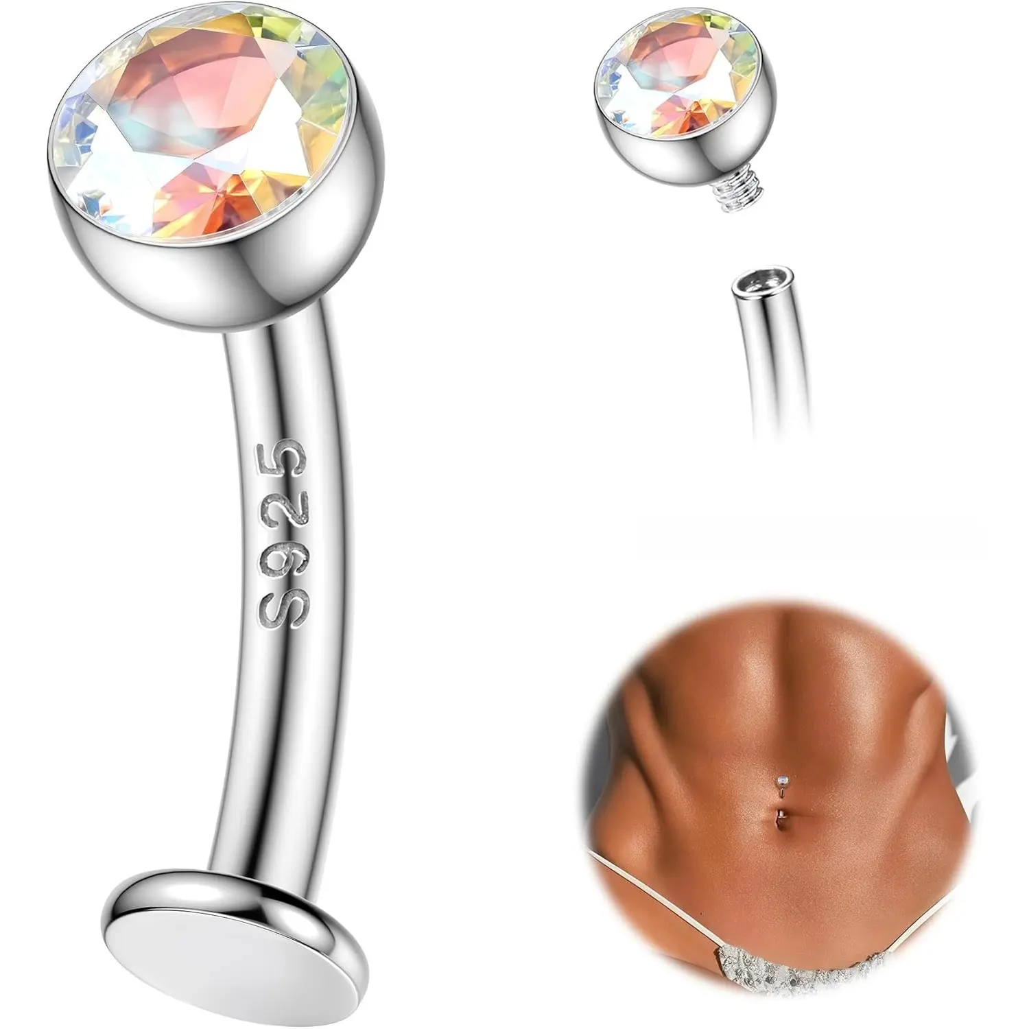 Milacolato 14G 925 Sterling Silver Floating Belly Button Ring for Women, Internally Threaded with CZ or Opal, Reverse Curved Flat Back Body Piercing Jewelry 10mm-12mm, Belly Button Rings, Belly Rings Piercing Jewelry